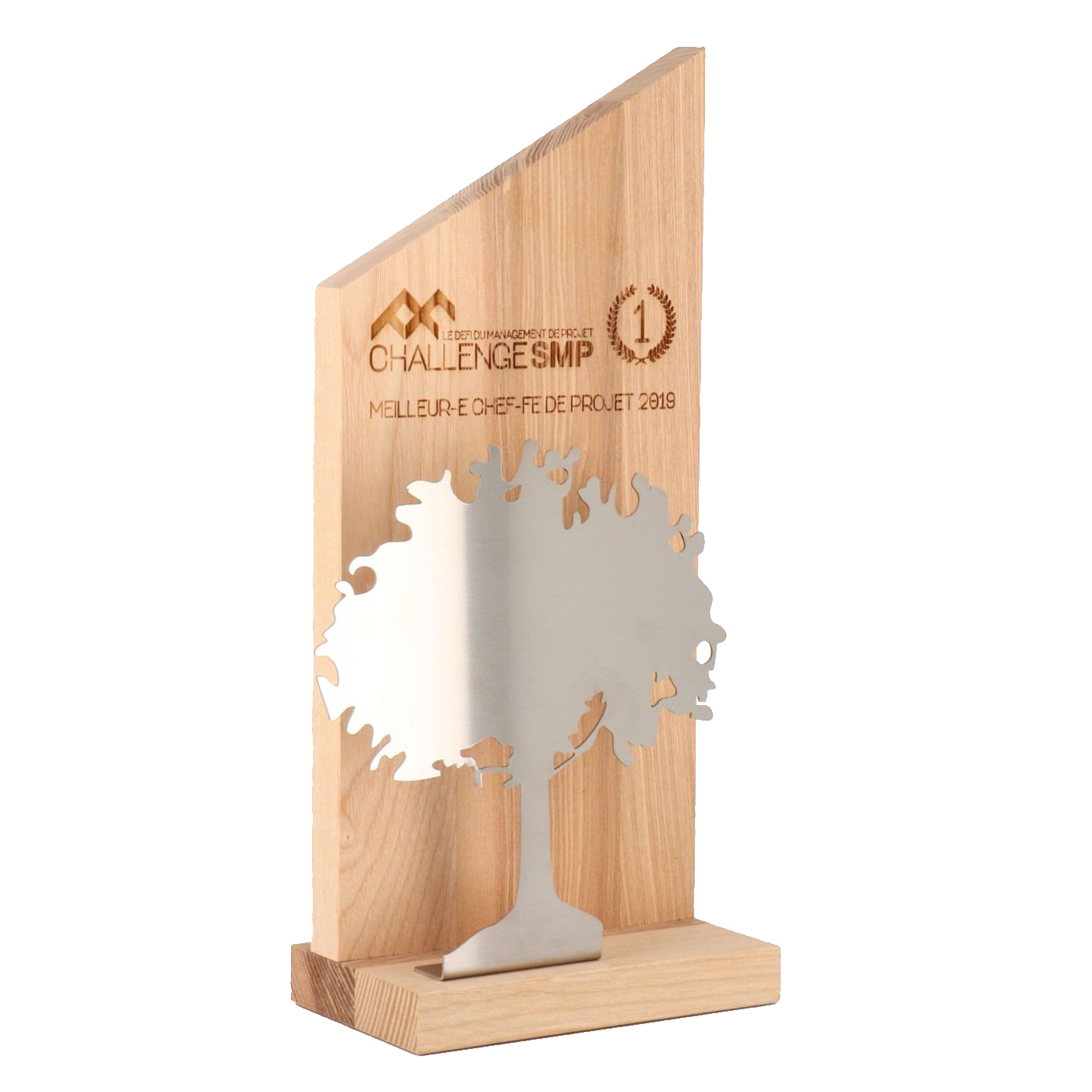 Trophée éco en bois avec détail en acier personnalisable
