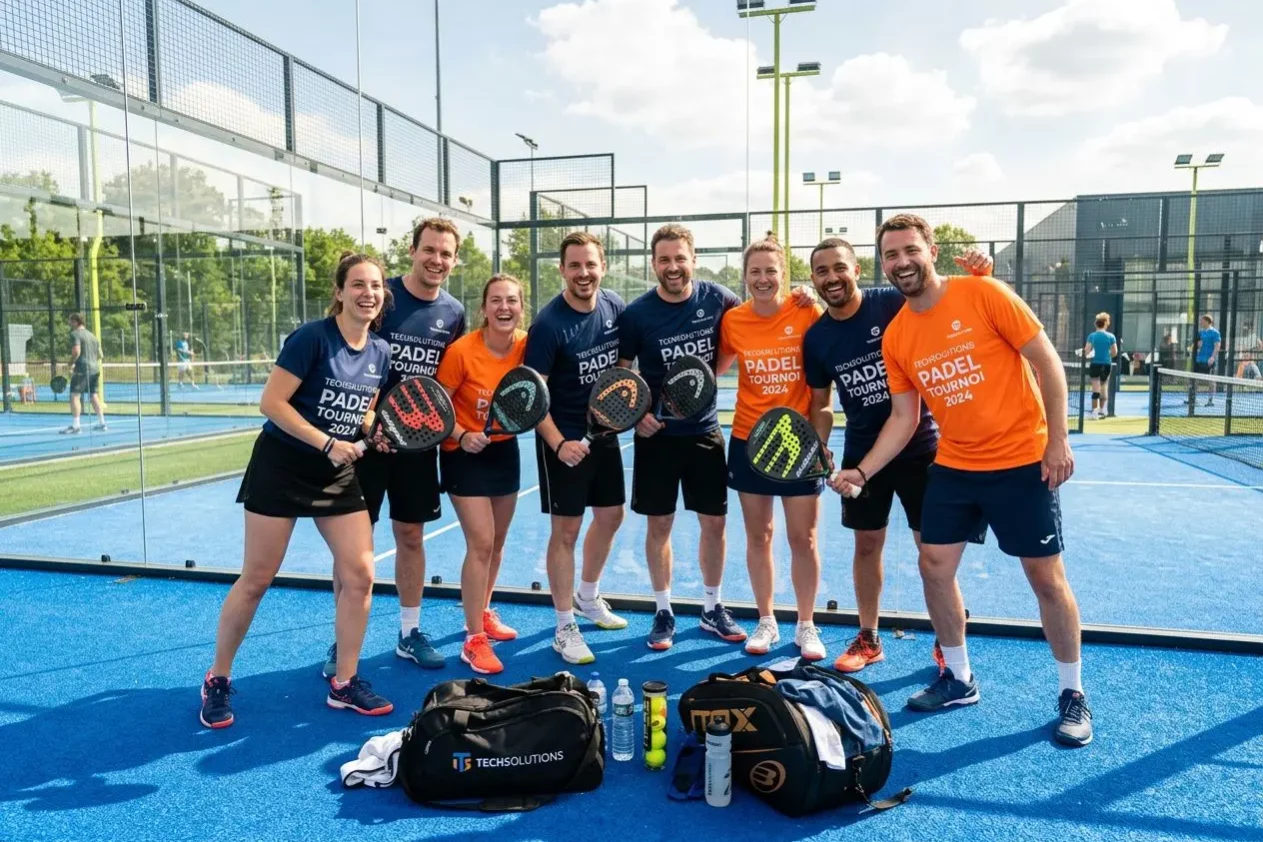 Groupe de joueurs de padel sur un court extérieur, prêt pour l’entraînement, avec sacs et bouteilles au sol. modèles en maillots t-shirts orange et bleu. - intégré: comment organiser un événement sportif réussi