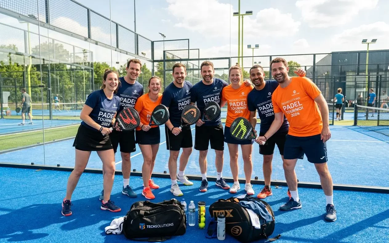 Groupe de joueurs de padel sur un court extérieur, prêt pour l’entraînement, avec sacs et bouteilles au sol. modèles en maillots t-shirts orange et bleu. - intégré: comment organiser un événement sportif réussi