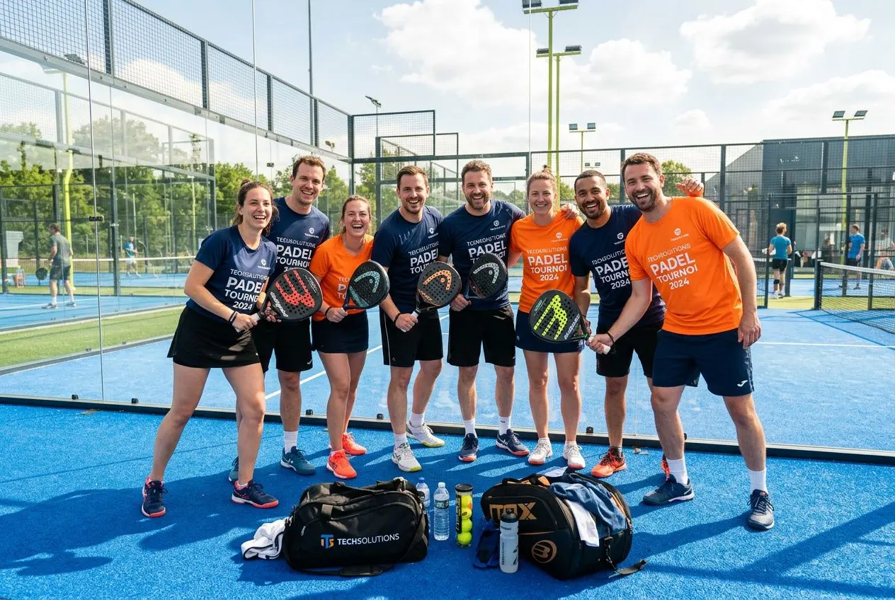 Groupe de joueurs de padel sur un court extérieur, prêt pour l’entraînement, avec sacs et bouteilles au sol. modèles en maillots t-shirts orange et bleu. - intégré: comment organiser un événement sportif réussi