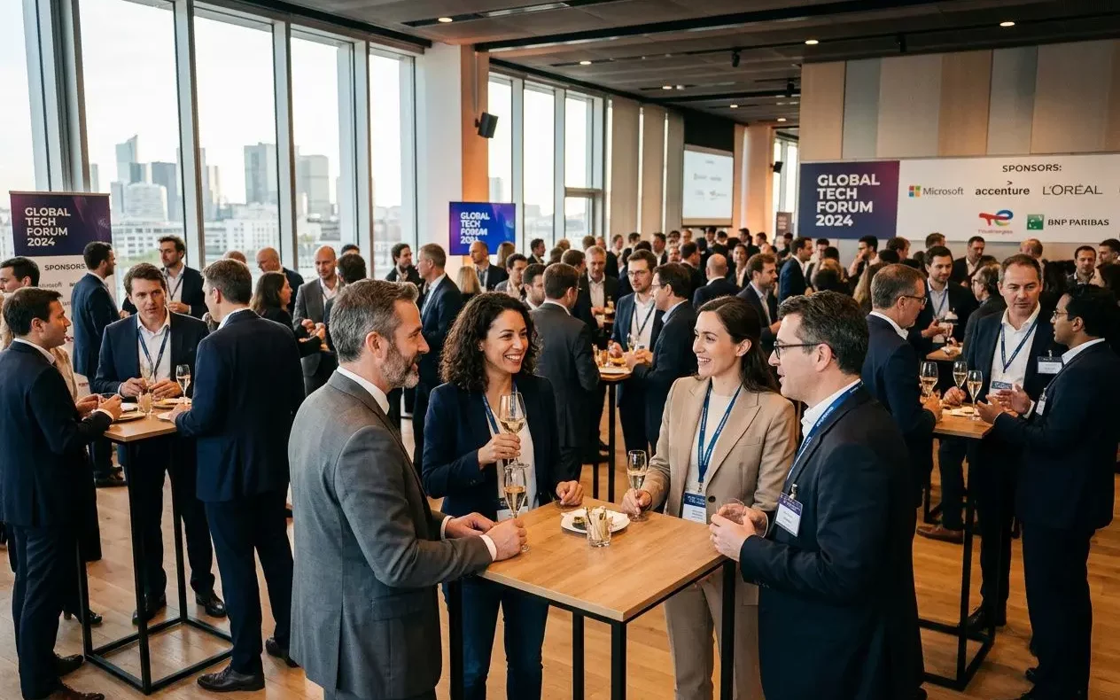 Groupe de professionnels en costume échangeant autour d’un stand lors d’un networking event, avec des tables hautes et un dôme de conférenciers en arrière-plan.