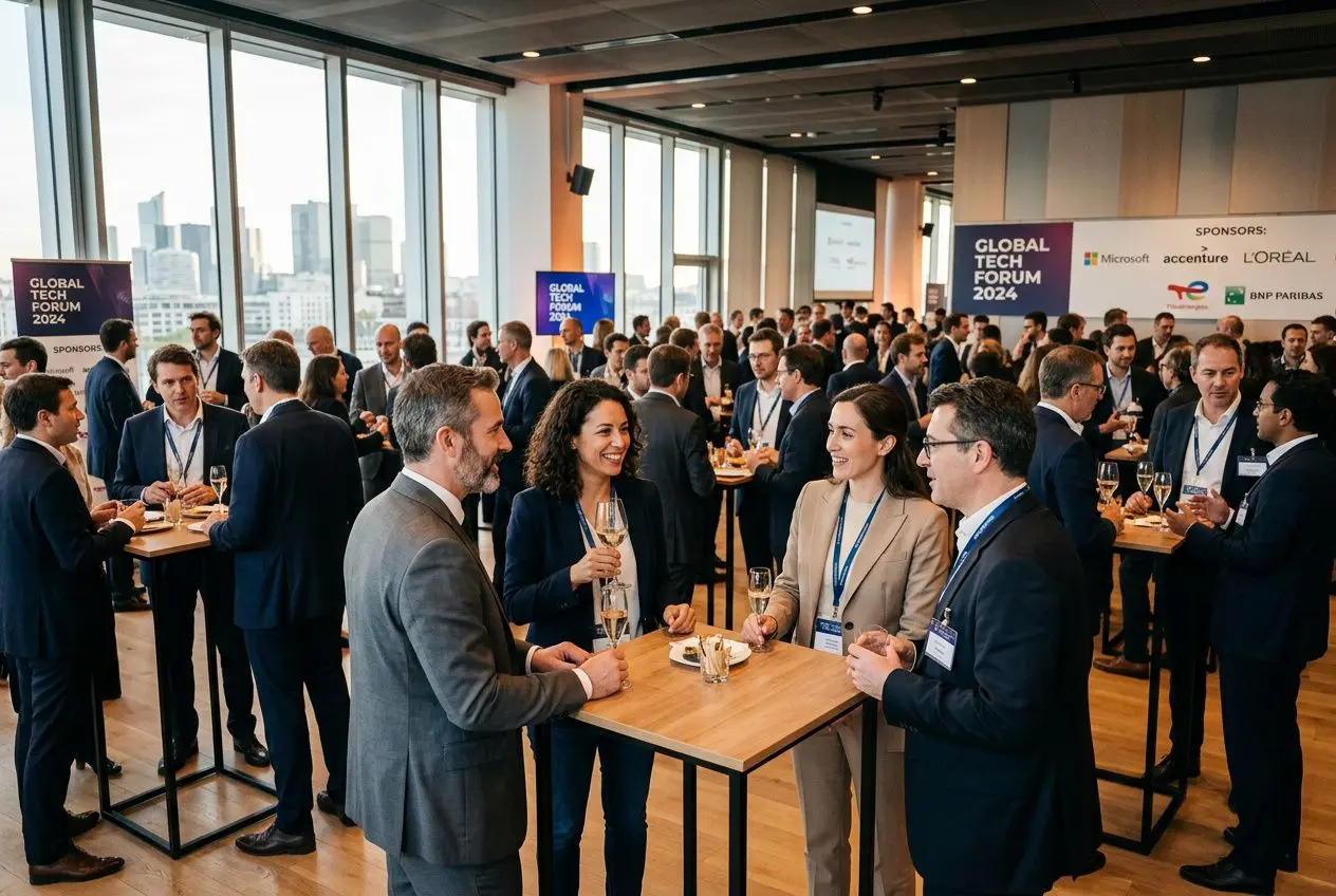 Groupe de professionnels en costume échangeant autour d’un stand lors d’un networking event, avec des tables hautes et un dôme de conférenciers en arrière-plan.