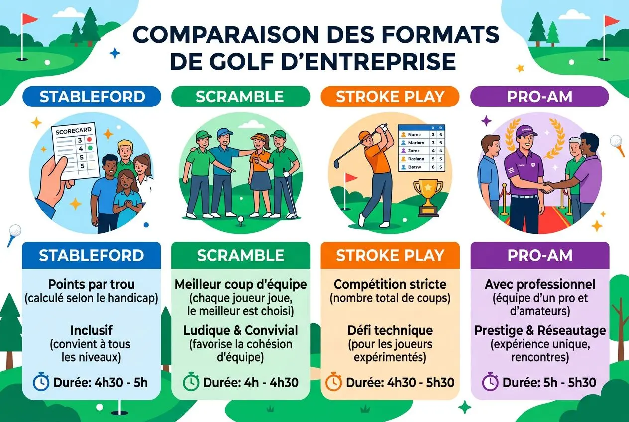 Guide graphique comparant des formats de golf d’entreprise et leurs règles pour organiser un tournoi golf corporate.