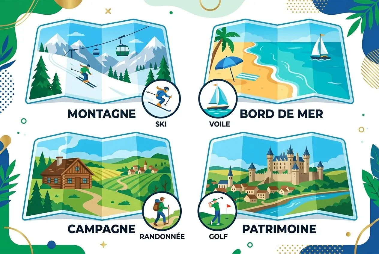 Illustration colorée présentant quatre cartes de destinations: montagne avec ski, bord de mer avec plage et voiliers, campagne avec chemin et cabane, patrimoine avec château; activités associées telles que randonnée, golf et randonnées, ambiance voyage. Séminaire entreprise tout compris mentionné dans le contexte.