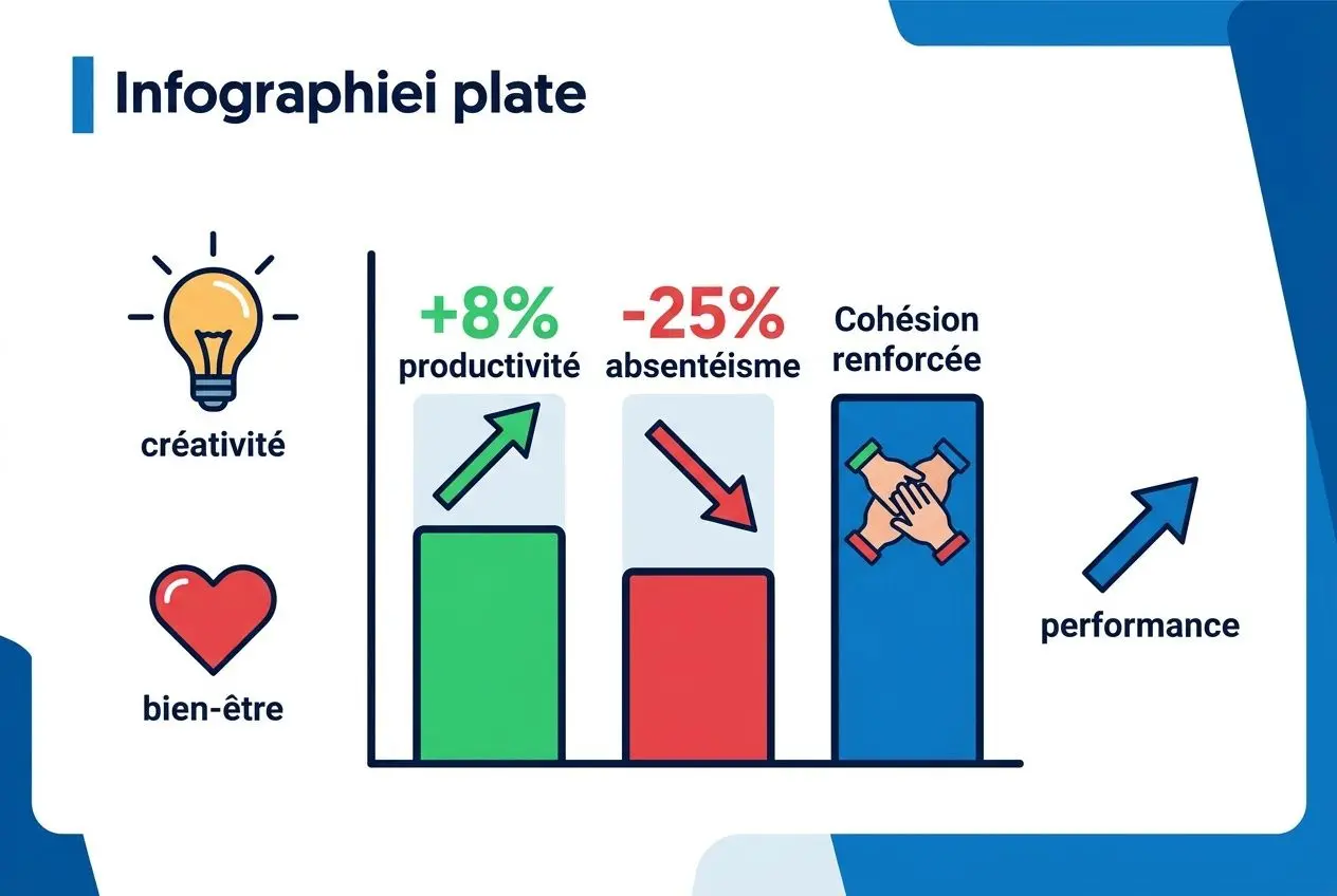 Infographie plate montrant créativité et bien-être, avec trois barres colorées (+8% productivité, -25% absentéisme, cohesion renforcée) et icônes de lumière et cœur, symbole de performance et collaboration. Intègre le terme séminaire entreprise tout compris.