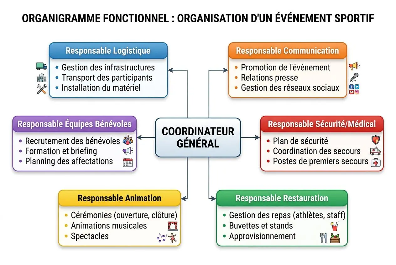 Organigramme fonctionnel d’organisation d’un événement sportif avec un coordinateur général au centre et six responsables (logistique, communication, sécurité/médical, animation, restauration, équipes bénévoles) montrant les rôles clés.