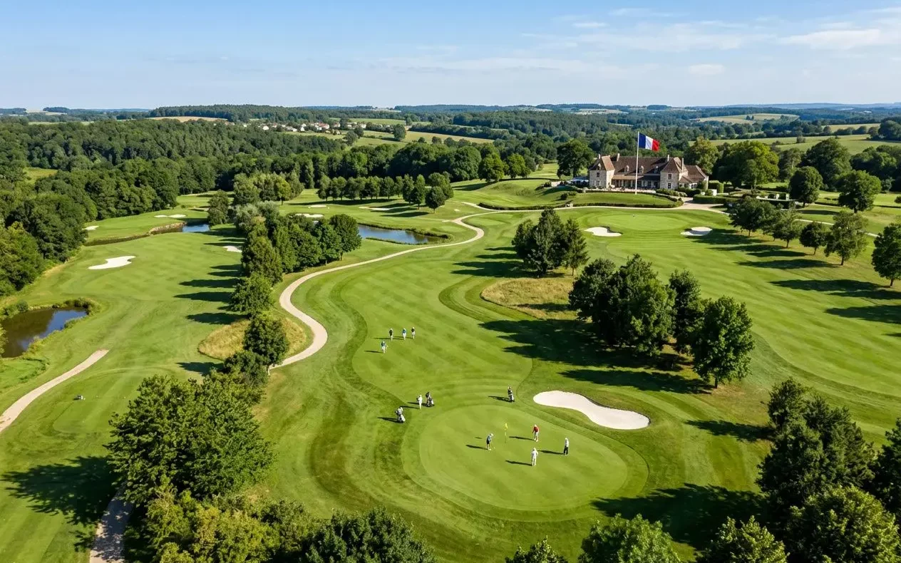 Parcours de golf verdoyant vue du dessus, avec fairways sinueux, plans d’eau et joueurs sur le green, entouré de arbres et un clubhouse au loin. Organiser un tournoi golf corporate.
