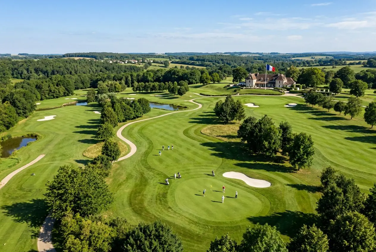 Parcours de golf verdoyant vue du dessus, avec fairways sinueux, plans d’eau et joueurs sur le green, entouré de arbres et un clubhouse au loin. Organiser un tournoi golf corporate.