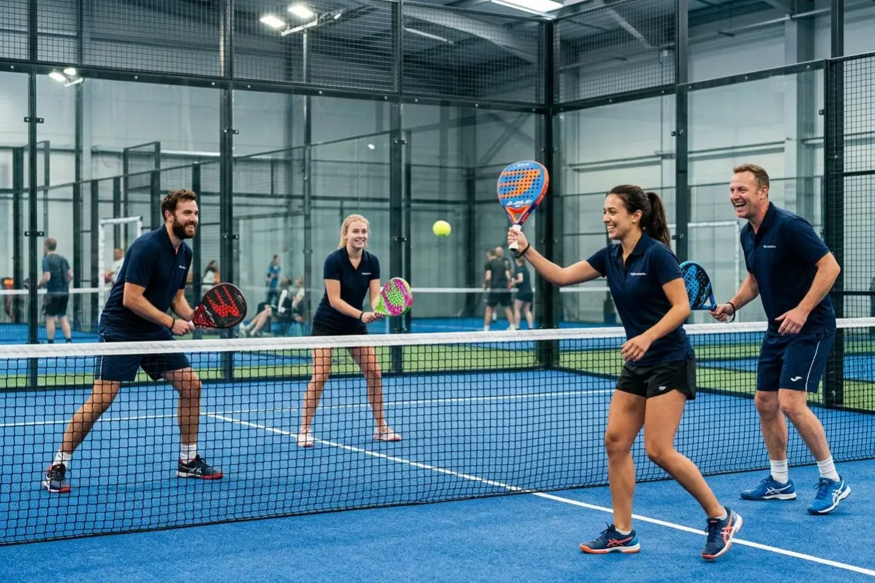 Quatre employés jouant au padel en tournoi d'entreprise