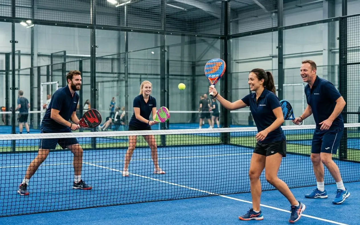 Quatre employés jouant au padel en tournoi d'entreprise