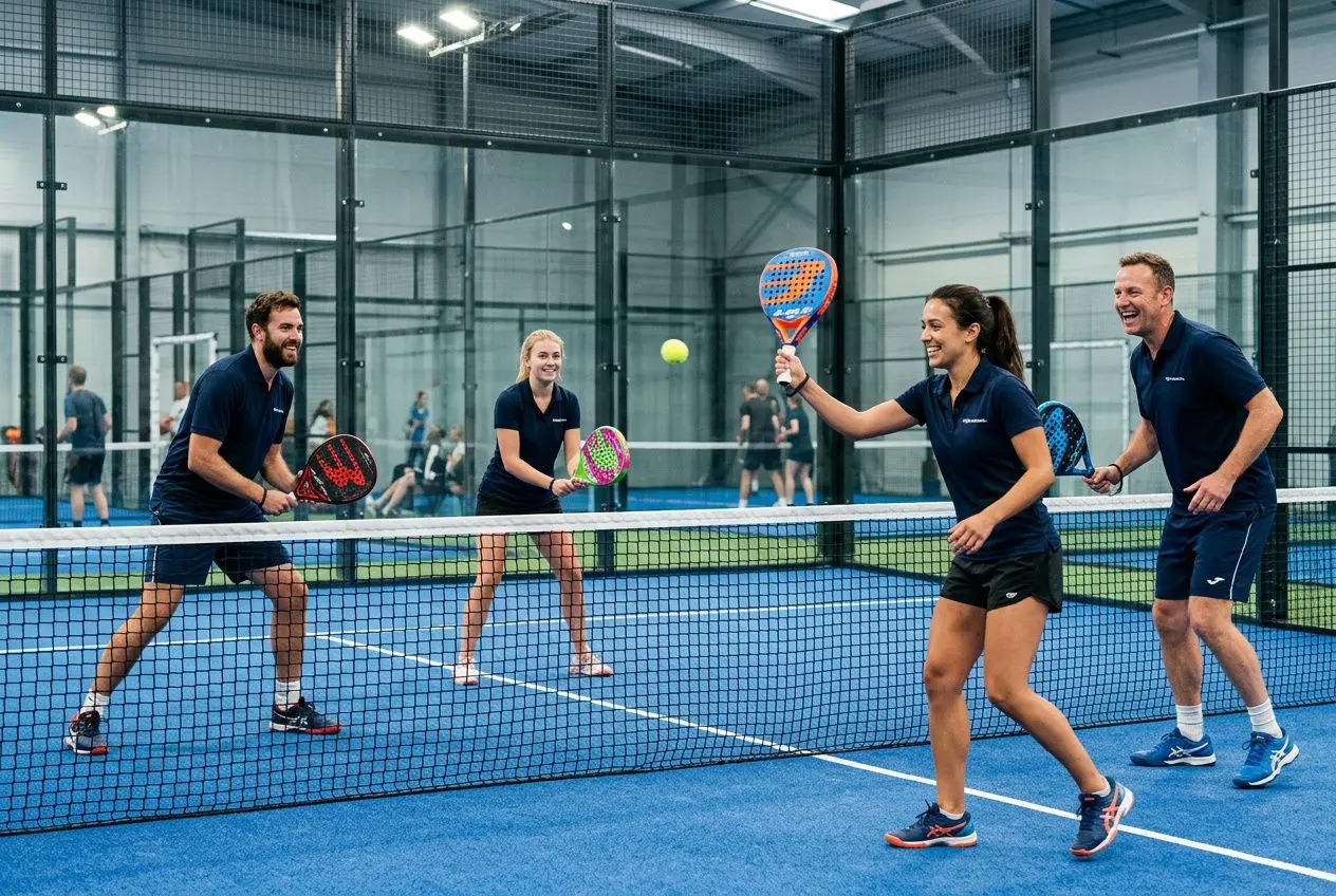 Quatre employés jouant au padel en tournoi d'entreprise