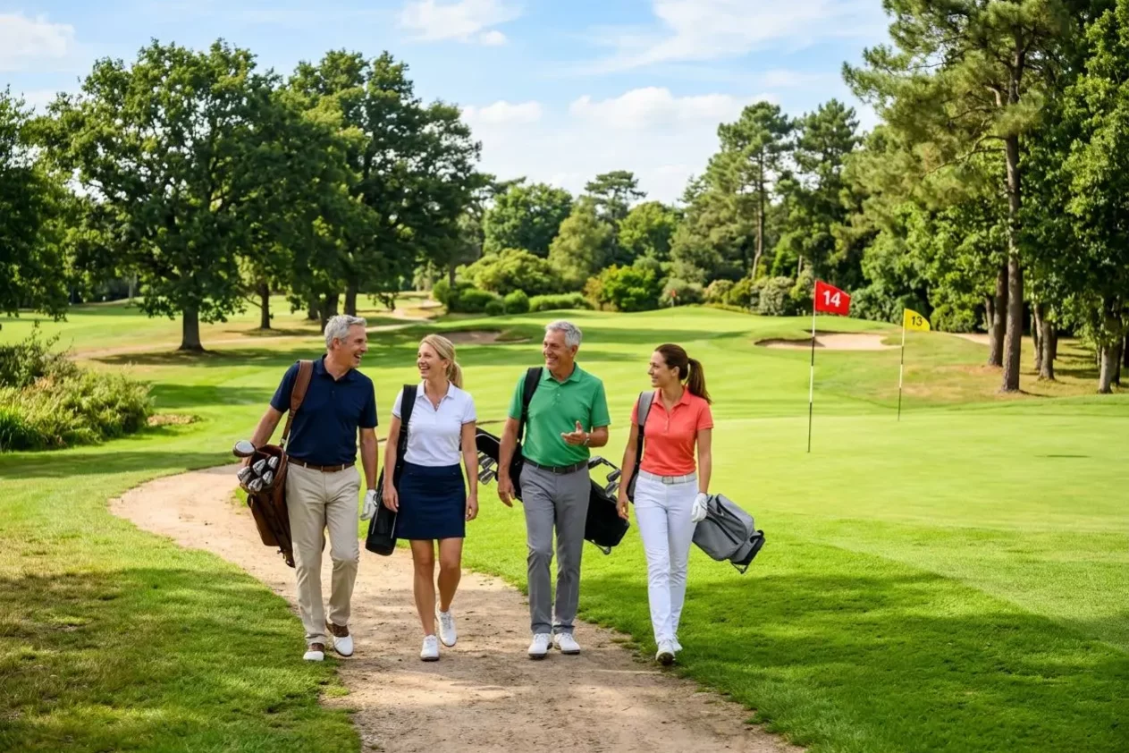 Quatre golfeurs d’affaires adultes marchant ensemble sur le parcours, sac de golf à l’épaule, discutant sous un ciel clair. Golf corporate networking pour entreprises.