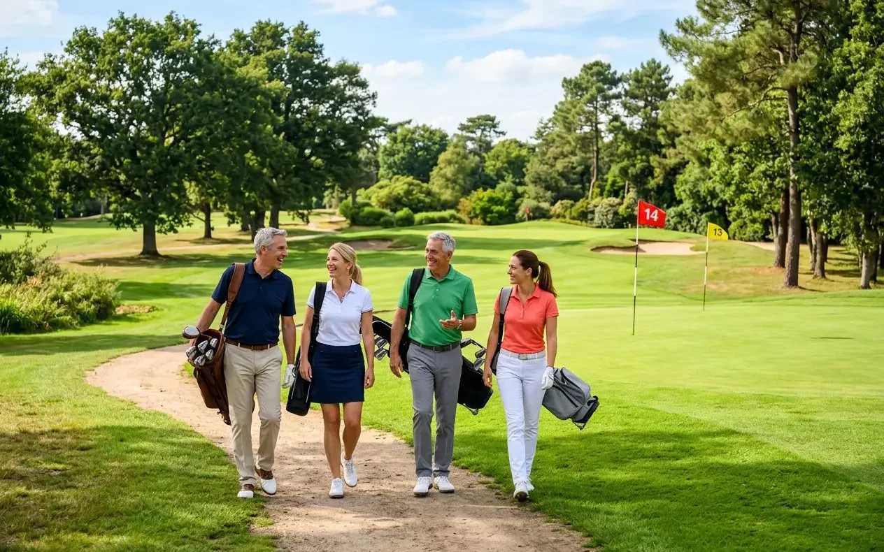 Quatre golfeurs d’affaires adultes marchant ensemble sur le parcours, sac de golf à l’épaule, discutant sous un ciel clair. Golf corporate networking pour entreprises.