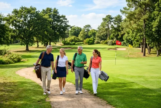 Quatre golfeurs d’affaires adultes marchant ensemble sur le parcours, sac de golf à l’épaule, discutant sous un ciel clair. Golf corporate networking pour entreprises.