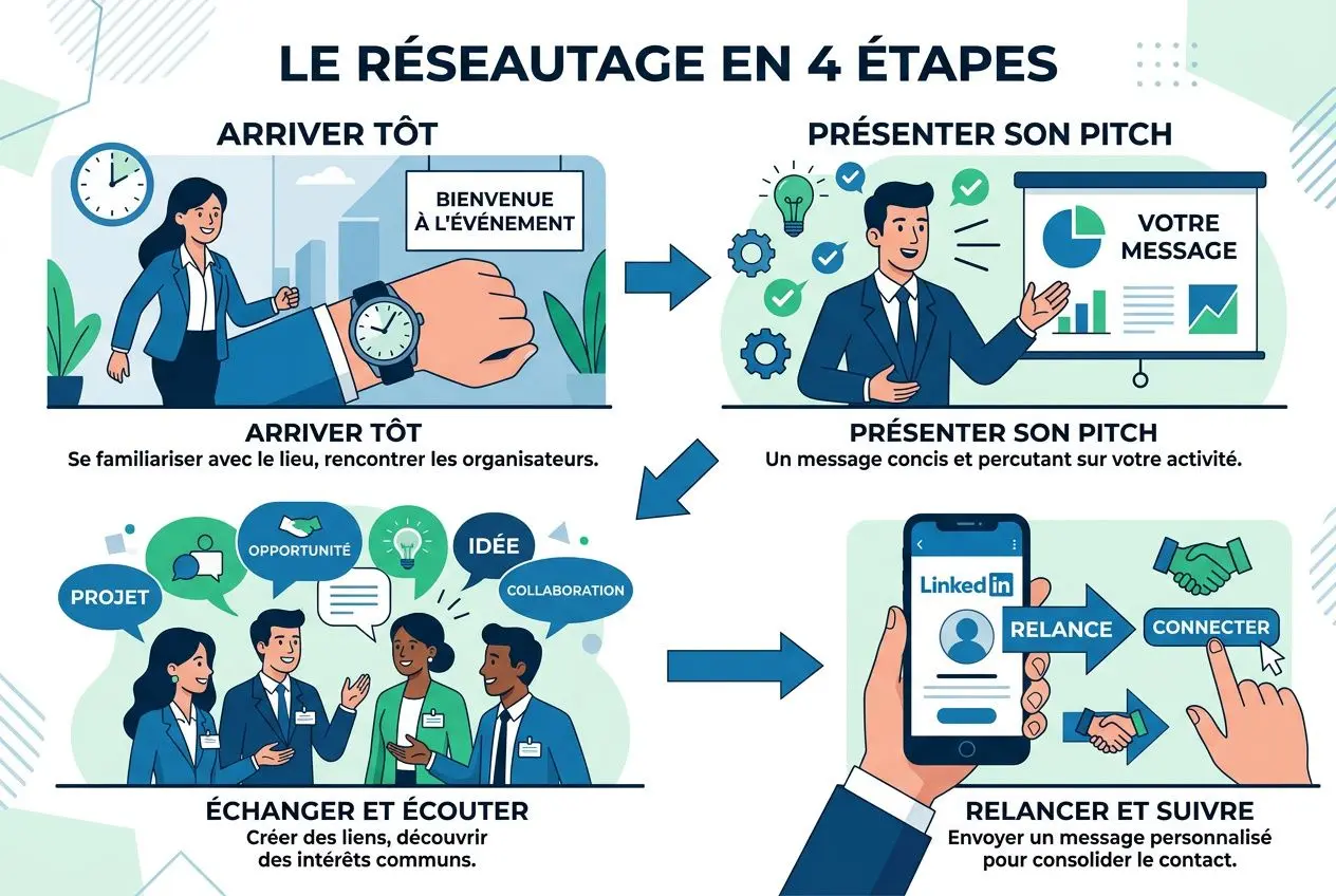 Le réseau en 4 étapes: accueillir tôt, présenter son pitch, échanger et suivre, avec des personnes en discussion et un smartphone montrant LinkedIn. Termes liés: networking event.