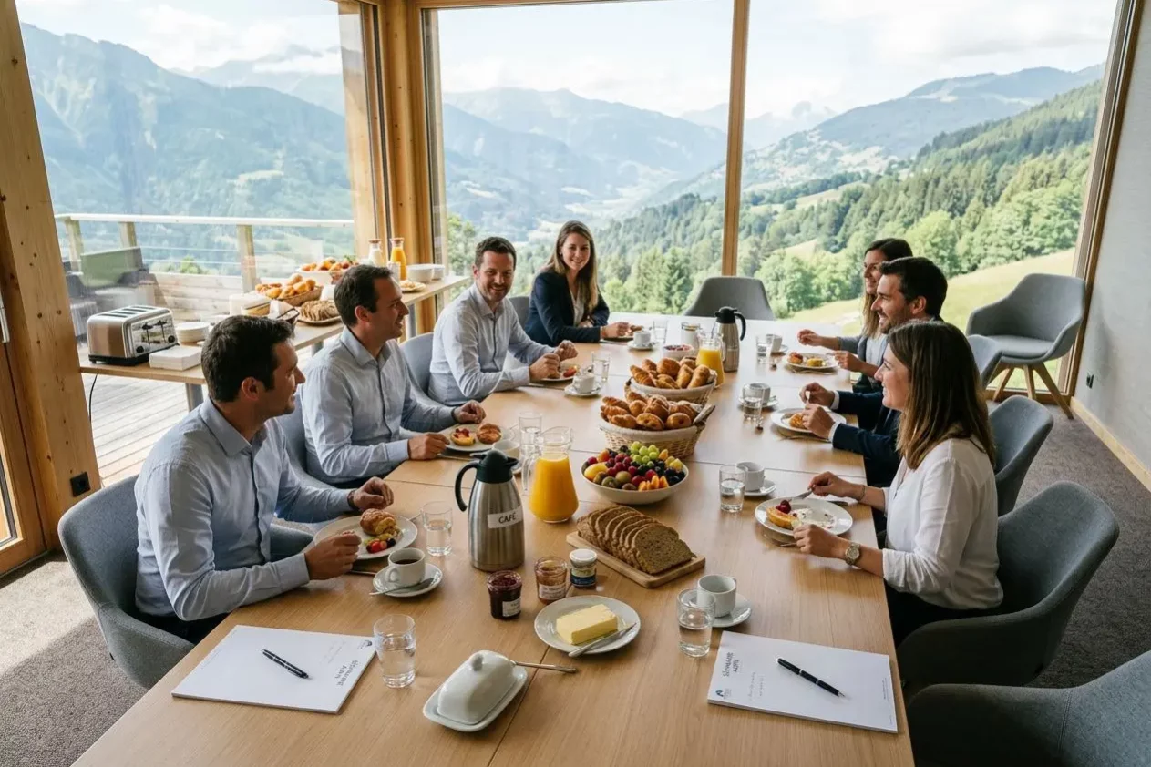 Une table ronde au sommet d’une serre lumineuse avec vue sur les montagnes, autour de laquelle des professionnels prennent le petit-déjeuner ou le brunch, documents et vaisselle visibles sur la table. Séminaire entreprise tout compris.
