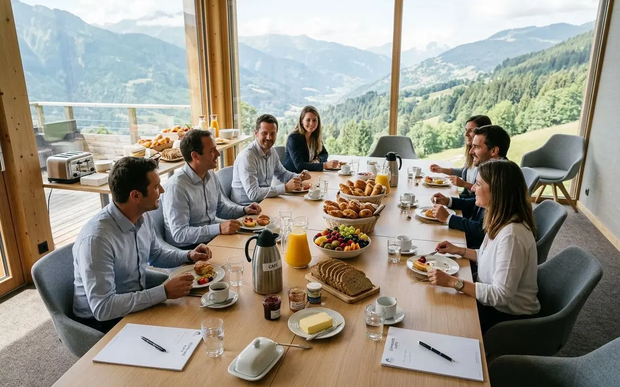 Une table ronde au sommet d’une serre lumineuse avec vue sur les montagnes, autour de laquelle des professionnels prennent le petit-déjeuner ou le brunch, documents et vaisselle visibles sur la table. Séminaire entreprise tout compris.