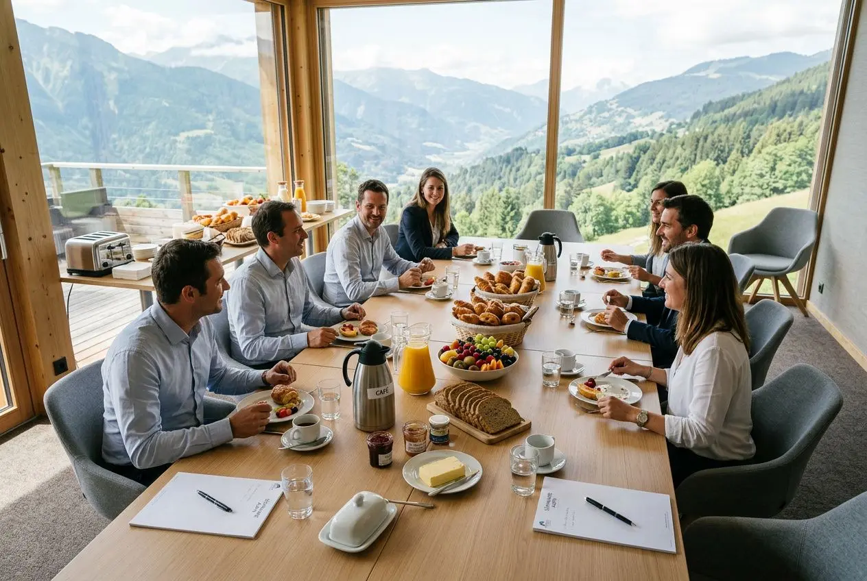 Une table ronde au sommet d’une serre lumineuse avec vue sur les montagnes, autour de laquelle des professionnels prennent le petit-déjeuner ou le brunch, documents et vaisselle visibles sur la table. Séminaire entreprise tout compris.
