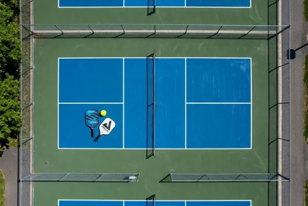 Terrain de pickleball avec marquages et zones de jeu
