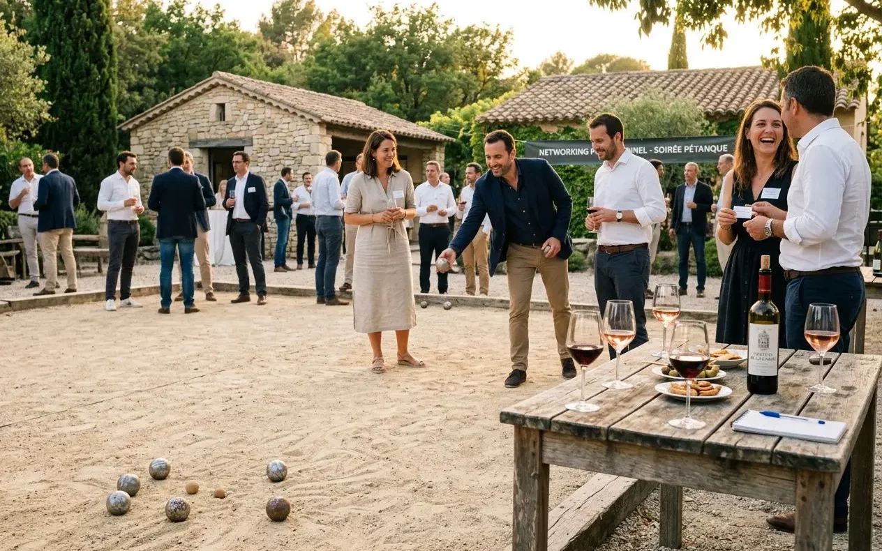 Animation team building pétanque golf avec apéro pétanque: cadre extérieur, équipes en tenue business conviviale autour d’une partie et ambiance détente.