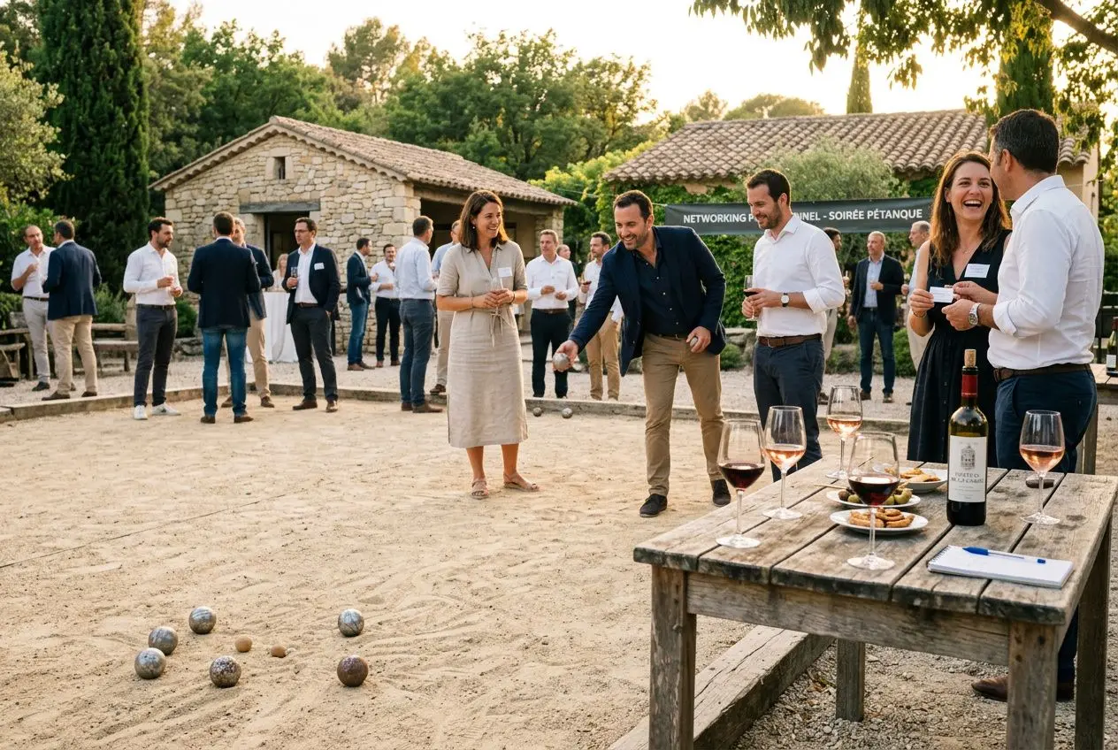 Animation team building pétanque golf avec apéro pétanque: cadre extérieur, équipes en tenue business conviviale autour d’une partie et ambiance détente.