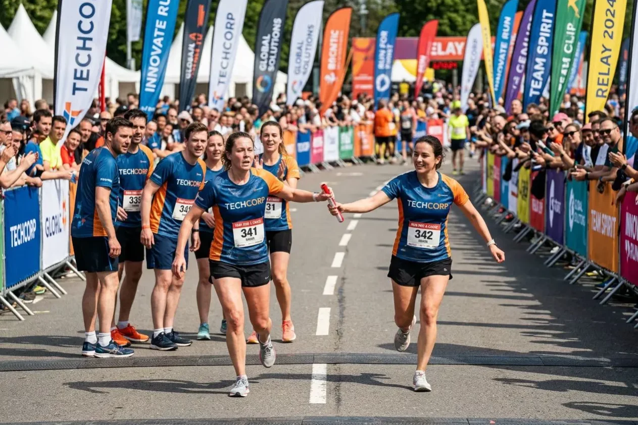 Cours relais entreprise: équipe TechCorp échangeant le témoin lors d’un marathon relais inter-entreprises sur ligne d’arrivée entourée de tribunes et spectateurs.
