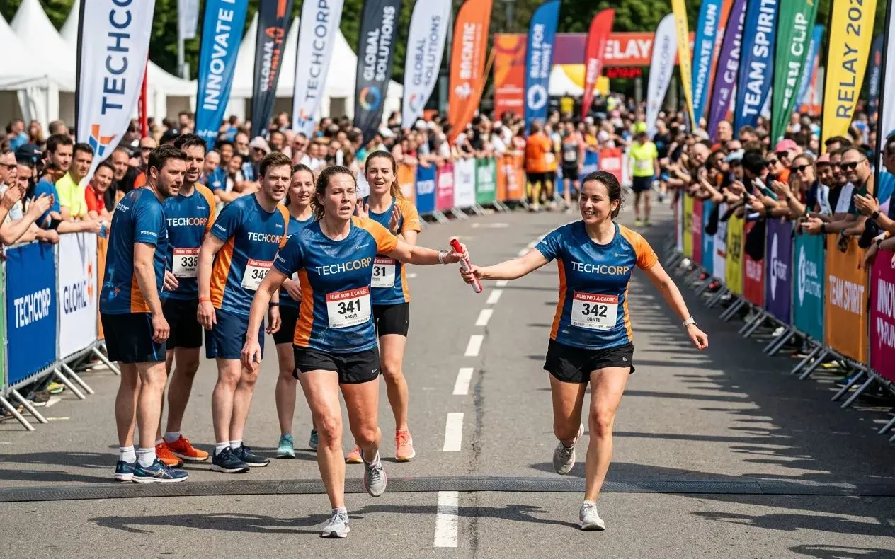 Cours relais entreprise: équipe TechCorp échangeant le témoin lors d’un marathon relais inter-entreprises sur ligne d’arrivée entourée de tribunes et spectateurs.