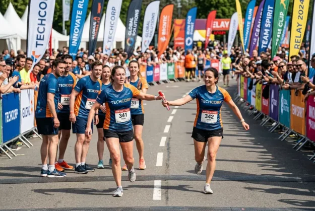 Cours relais entreprise: équipe TechCorp échangeant le témoin lors d’un marathon relais inter-entreprises sur ligne d’arrivée entourée de tribunes et spectateurs.