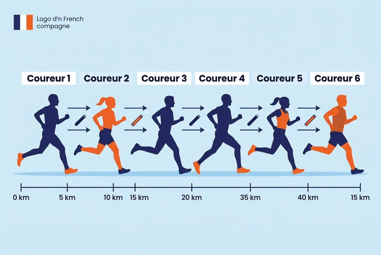 Course relais entreprise: illustration d’un relais marathon avec six coureurs alignés, chacun passant le témoin sur un tracé kilométré.