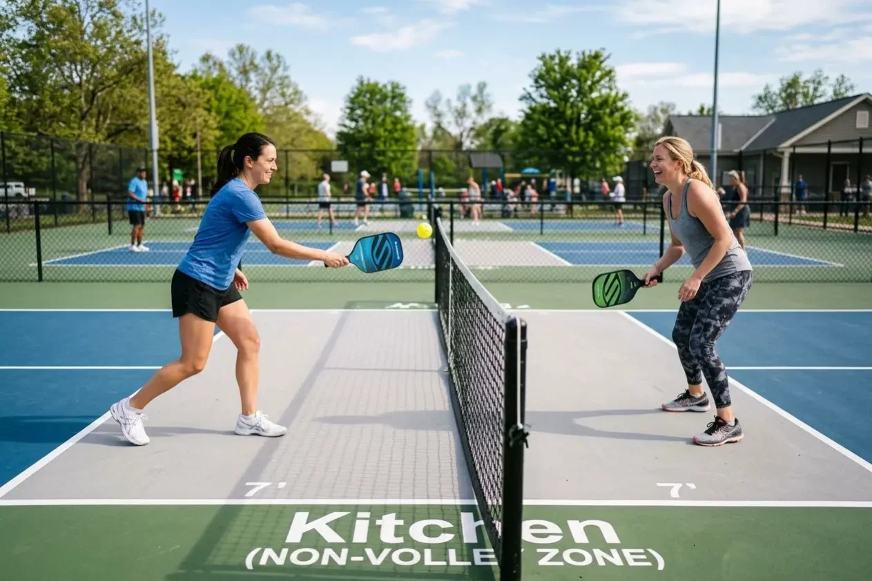 Deux femmes jouent au pickleball sur un court extérieur, se faisant face près du filet sur une ligne blanche; l’une frappe la balle avec une raquette bleue, l’autre réagit avec une raquette verte.