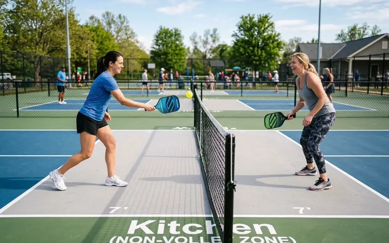 Deux femmes jouent au pickleball sur un court extérieur, se faisant face près du filet sur une ligne blanche; l’une frappe la balle avec une raquette bleue, l’autre réagit avec une raquette verte.