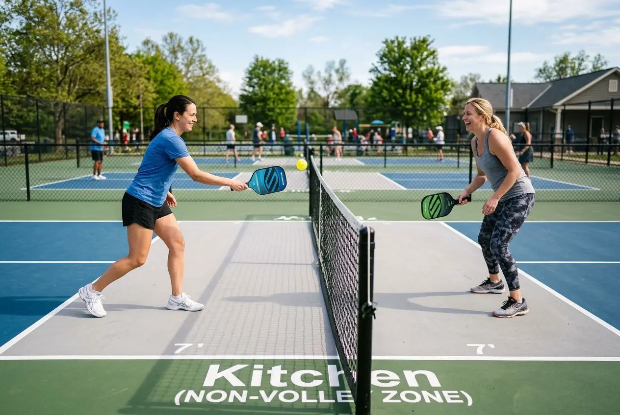 Deux femmes jouent au pickleball sur un court extérieur, se faisant face près du filet sur une ligne blanche; l’une frappe la balle avec une raquette bleue, l’autre réagit avec une raquette verte.
