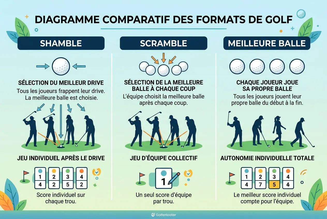 Diagramme comparatif des formats de golf: shamble, scramble et meilleure balle, incluant sélection du meilleur drive et jeu d'équipe. formu le de jeu golf shamble intégré.