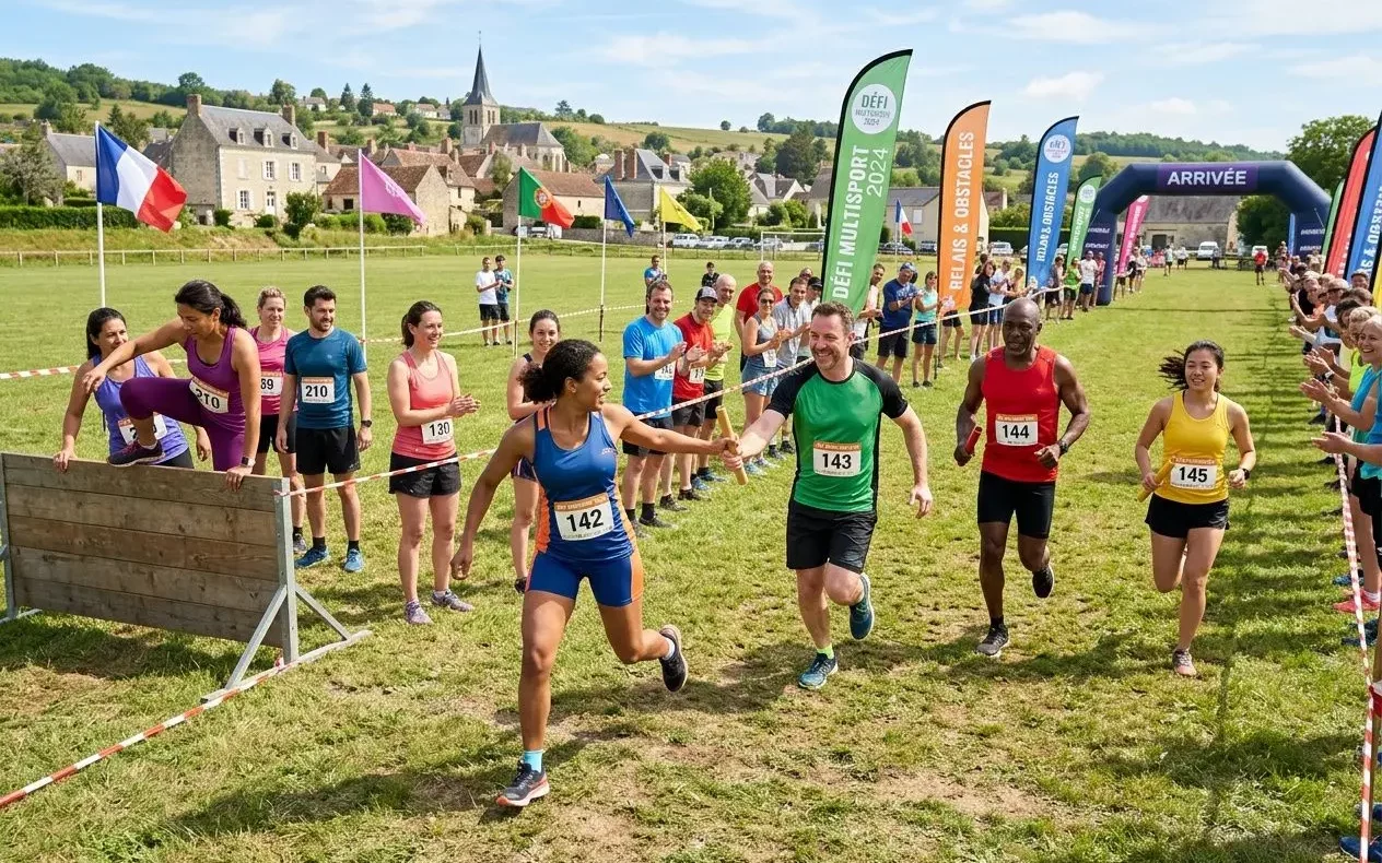 Groupe de coureurs franchissant la ligne d’arrivée lors d’un défi sportif en plein air, encouragements et drapeaux colorés autour. idée challenge sportif intégré naturellement.