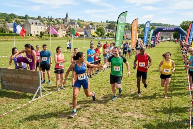 Groupe de coureurs franchissant la ligne d’arrivée lors d’un défi sportif en plein air, encouragements et drapeaux colorés autour. idée challenge sportif intégré naturellement.