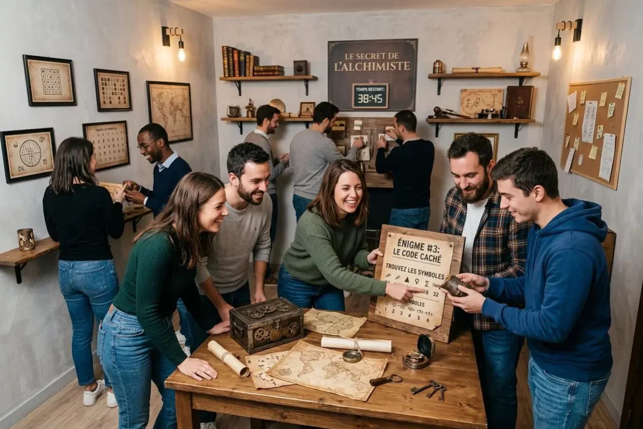 Groupe souriant en atelier d’énigmes, chacun cherche des indices autour d’une table avec cartes et outils, dans une ambiance esprit team building entreprise.