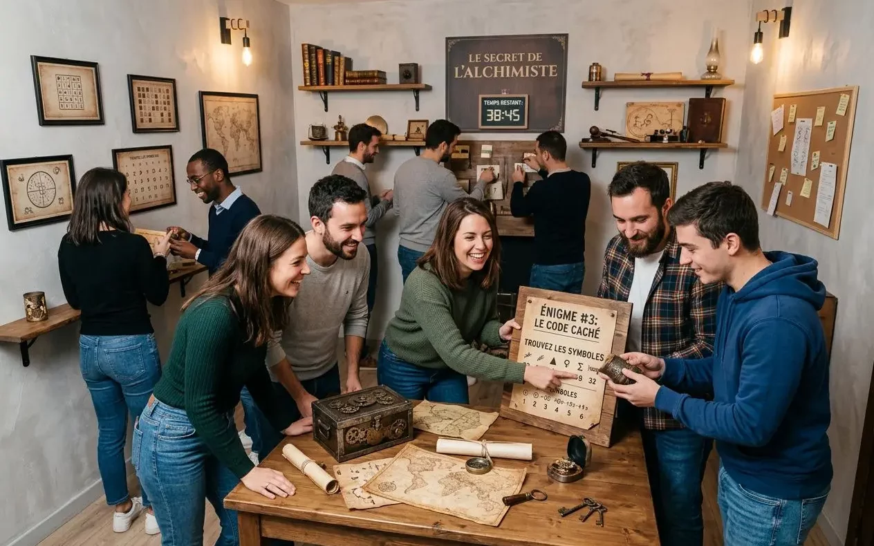 Groupe souriant en atelier d’énigmes, chacun cherche des indices autour d’une table avec cartes et outils, dans une ambiance esprit team building entreprise.