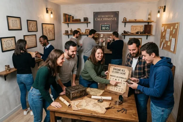 Groupe souriant en atelier d’énigmes, chacun cherche des indices autour d’une table avec cartes et outils, dans une ambiance esprit team building entreprise.
