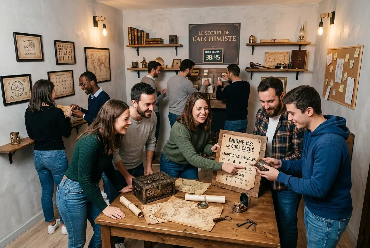 Groupe souriant en atelier d’énigmes, chacun cherche des indices autour d’une table avec cartes et outils, dans une ambiance esprit team building entreprise.