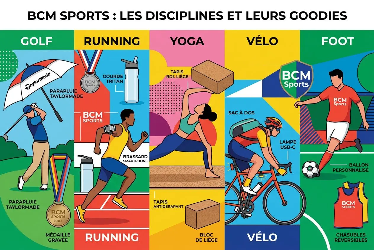 Illustration colorée de disciplines sportives (golf, running, yoga, vélo, foot) avec des goodies et objets publicitaires BCM Sports. goodi es événement sportif intégré.