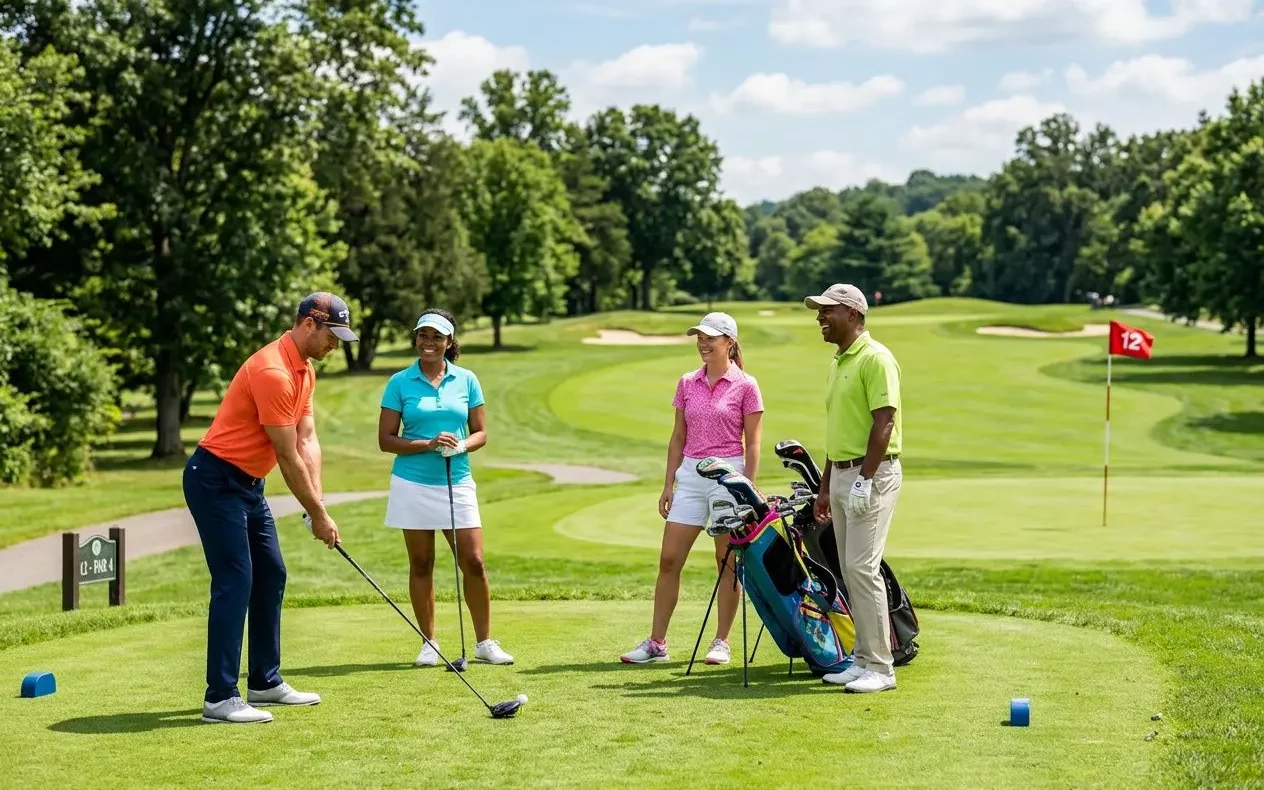 Quatre golfeurs sur un parcours verdoyant discutent du coup, le joueur en orange prête son driver tandis que les autres observent près du chariot. Formule de jeu golf shamble.