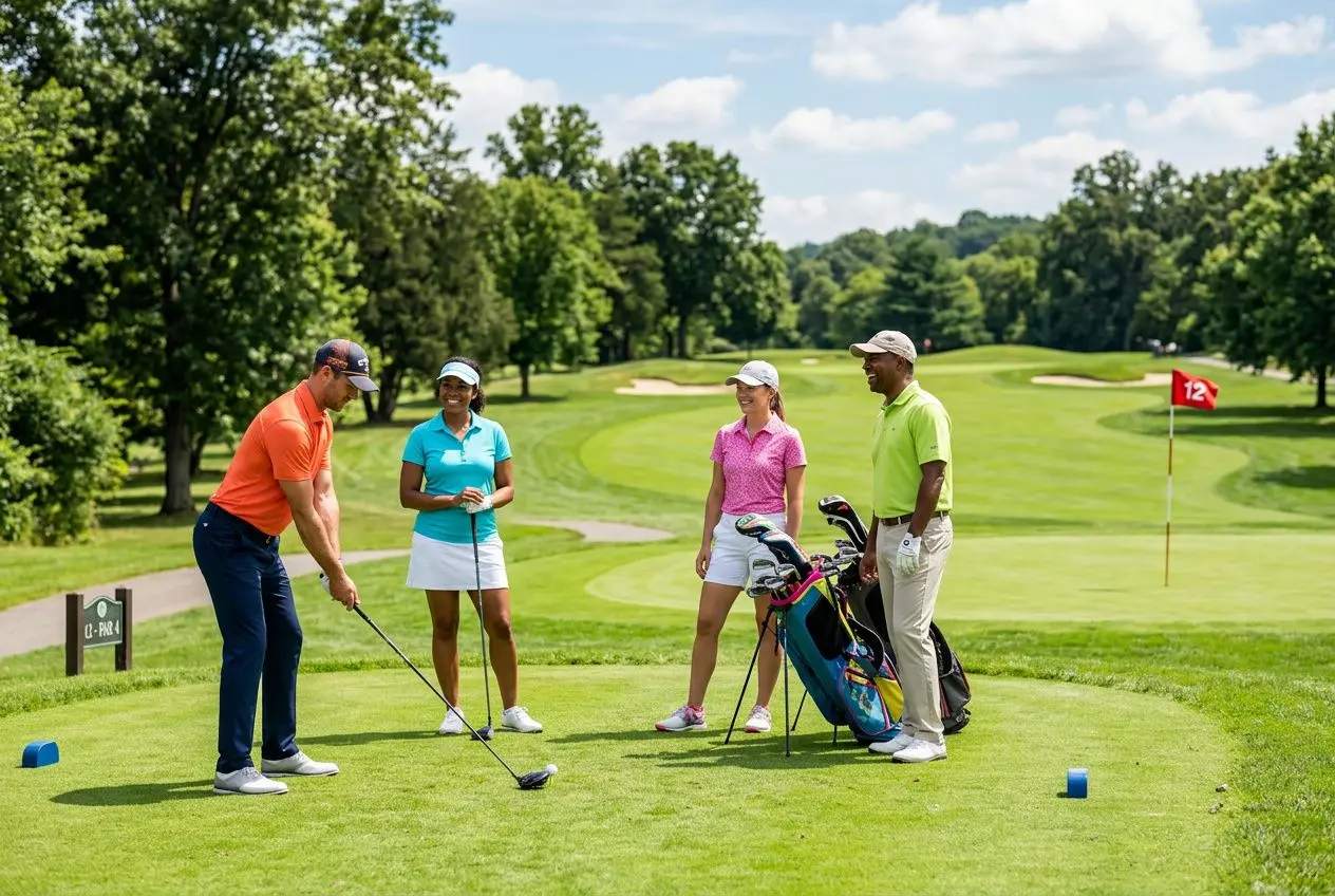 Quatre golfeurs sur un parcours verdoyant discutent du coup, le joueur en orange prête son driver tandis que les autres observent près du chariot. Formule de jeu golf shamble.