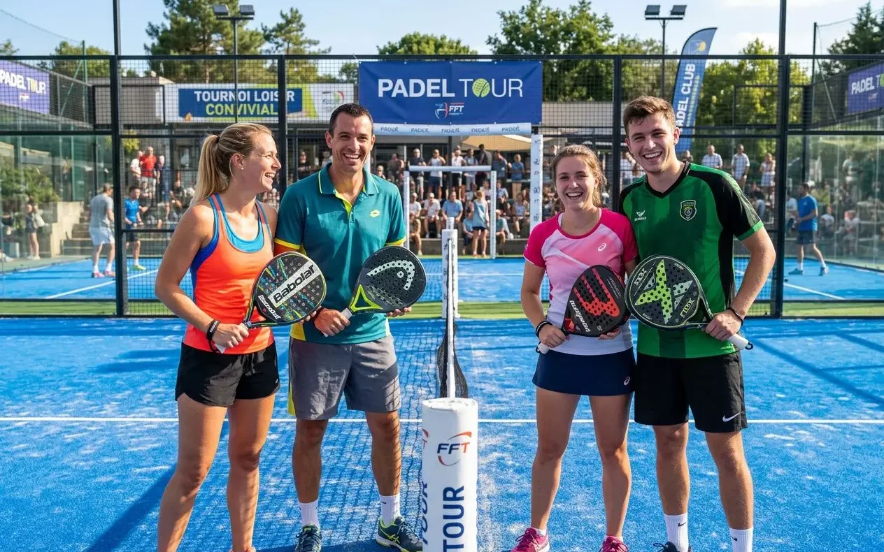 Quatre joueurs de padel souriants posent sur un terrain bleu lors d’un tournoi padel loisir, avec structures et public en arrière-plan.