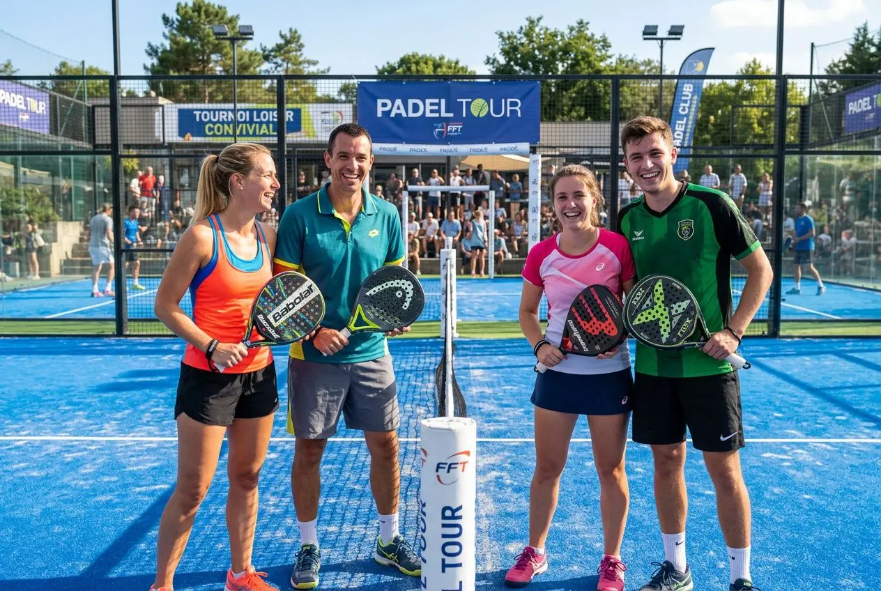 Quatre joueurs de padel souriants posent sur un terrain bleu lors d’un tournoi padel loisir, avec structures et public en arrière-plan.