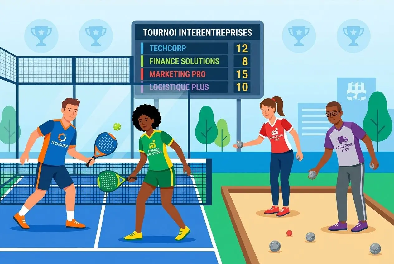 Quatre joueurs de sport mélangent tennis et pétanque sur un court et un terrain de palets, avec un tableau d scores à l’arrière. idée challenge sportif intégrée: compétition amicale.