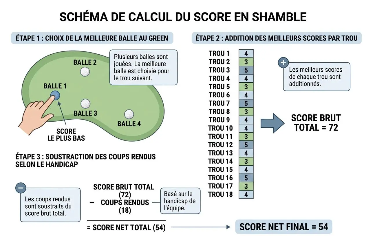 Schéma de calcul du score en shamble montrant la sélection de la meilleure balle au drive et l’ajout des scores par trou pour obtenir le score net final. Formule de jeu golf shamble, règles et étapes illustrées.