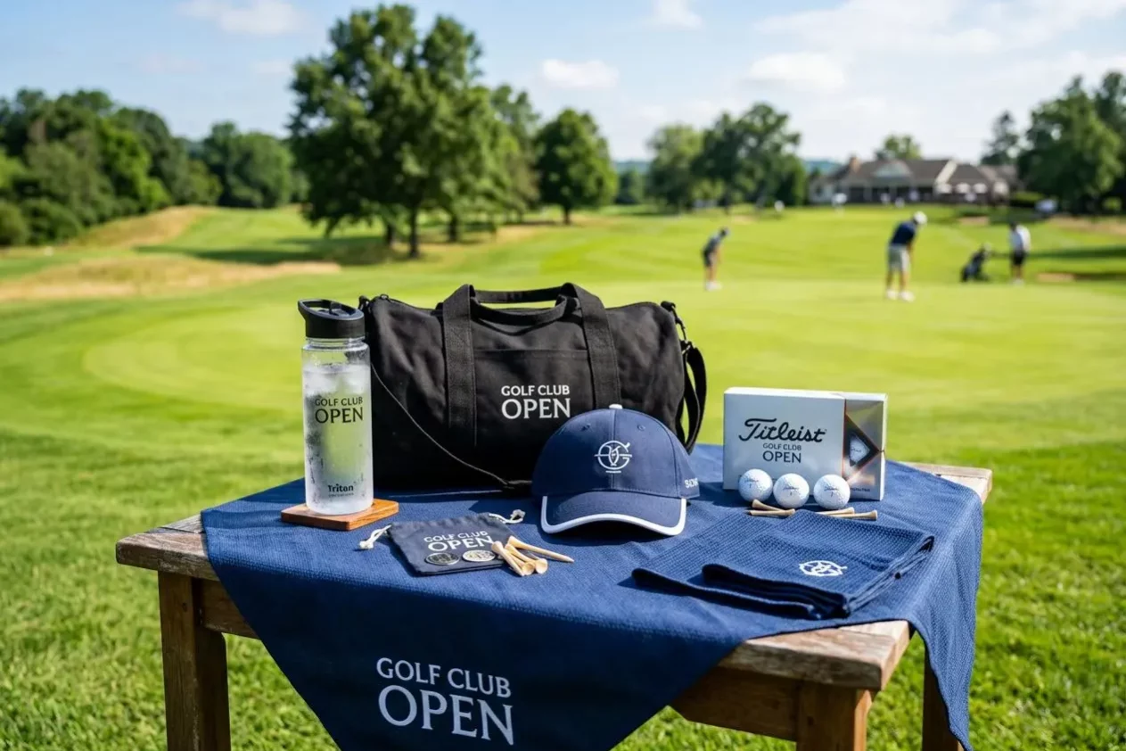 Table d’articles personnalisés pour un événement sportif en plein air : sac et casquette du golf club, bouteilles, balles et goodies présents. goodie événement sportif visibles.
