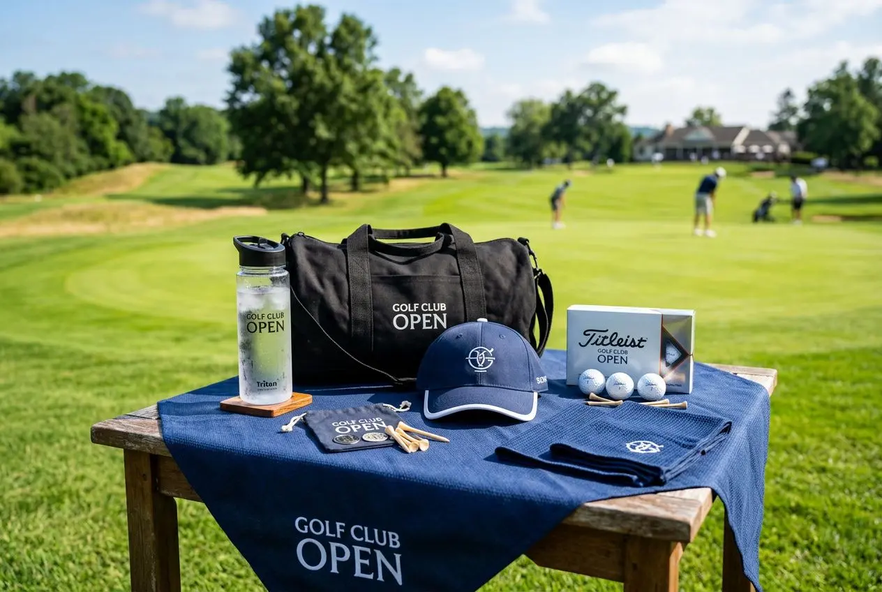 Table d’articles personnalisés pour un événement sportif en plein air : sac et casquette du golf club, bouteilles, balles et goodies présents. goodie événement sportif visibles.