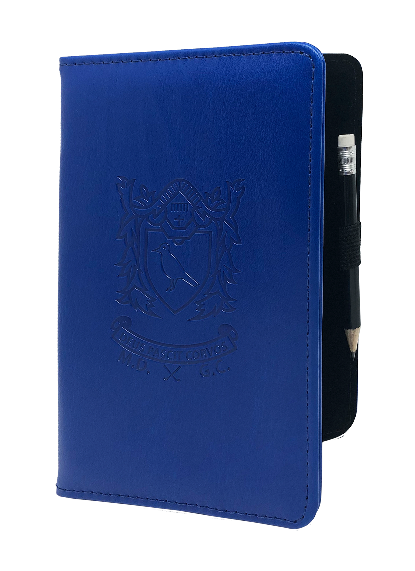 Leatherette_SM_Blue Porte carte de score de golf en cuir bleu personnalisable avec logo embossé - BCM Sports