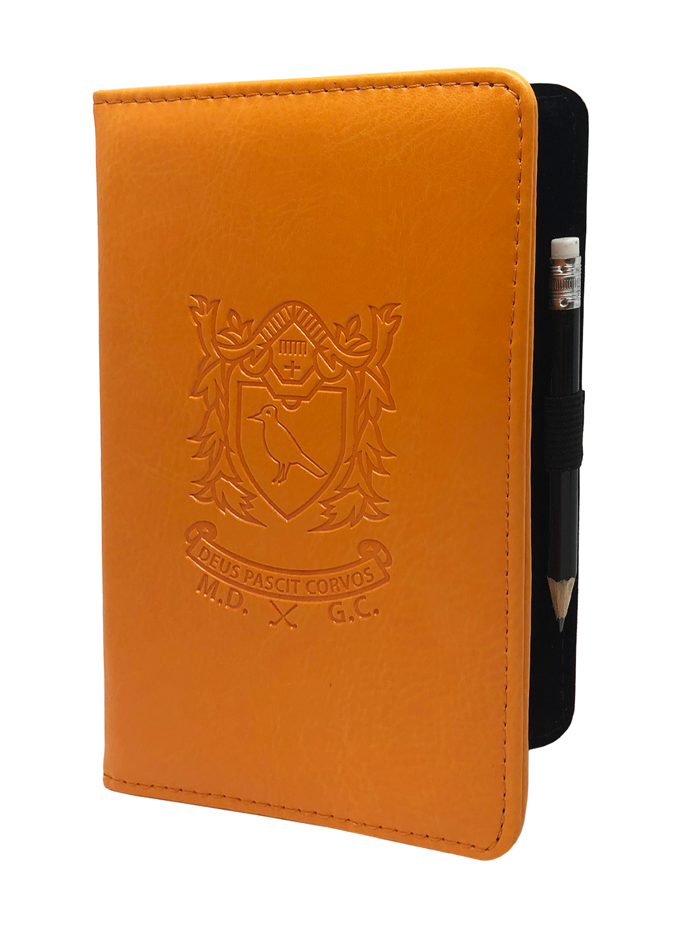 Leatherette_SM_Orange Porte carte de score de golf en cuir orange personnalisable avec logo embossé - BCM Sports